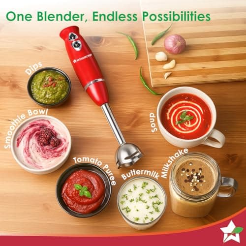 Wonderchef Regalia Hand Blender Mixer | 350W | Sharp Stainless-Steel Blades | Dual Speed Settings | for Hot & Cold Blending | Detachable Blending Arm | 2-Year Warranty | Red 3