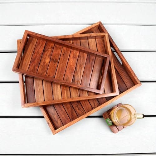 Creation India Craft Sheesham Wood Serving Trays for Dining Table Rectangle Shape Tray for Breakfast Coffee Serving Tray Set of 3 Simple and Looking for Home Decoration