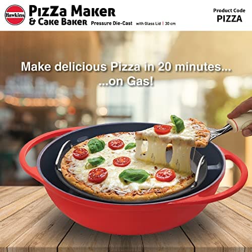 Hawkins Diecast 30 cm Nonstick Pizza Maker and Cake Baker with Glass Lid, Gas Oven, Pizza Oven Toaster Griller Tandoor Barbecue, Cake Baking Pan, Red (PIZZA) 2