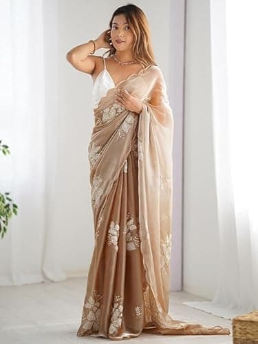 Flosive Women's Shimmer Organza Sequence Embroidery Saree With Unstitched Blouse Piece (CREAM) 3