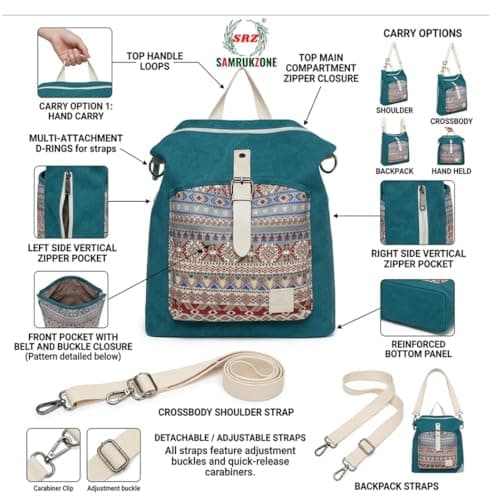 SAMRUKZONE SRZ Ethnic Print Convertible Canvas Backpack for Women 3-in-1 Multi-Way Carry Shoulder Bag Handbag Backpack Travel College & Office Daily Use Bag (38x30x14 cm) (GREYISH_BROWN) 3