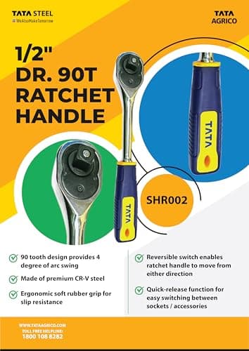 AGRICO TATA 1/2 Inch Drive 90-Tooth Ratchet Handle (SHR002) | Reversible Socket Wrench with Quick Release | Chrome Vanadium Steel | Ergonomic Grip for Mechanics, Garage & Workshop | Pack of 1 2