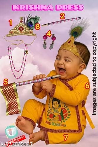 Krishna Dress Costume for Janmashtami – Yellow Ethnic Outfit with Crown, Flute & Dhoti Set for Boys & Girls (7-8 Years) 2