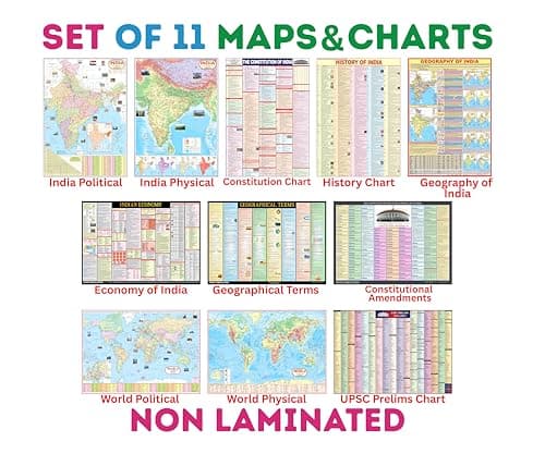 Complete set of UPSC Maps & Charts | set of 11 | India & World Map ( Both Political & Physical ) with Constitution of India, Constitutional Amendments, Indian History, Indian Economy
