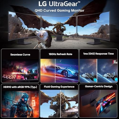 LG 32GS60QC 80cm (32 Inch) Ultragear Curved (1000R) QHD (2560x1440) Gaming Monitor, 180Hz, 1ms, 3-Side Virtually Borderless, Anti-Glare, DP, HDMI X 2, HP Out, AMD FreeSync™, Tilt Adjustment (Black) 2