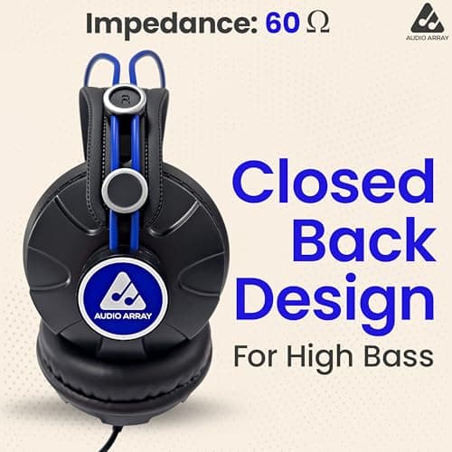 Audio Array AH-60-BL, 60Ω, Professional Monitoring Headphones | 53mm Drivers | 10Hz–30KHz | 105dB SPL | Closed-Back, DJ & Studio | 3m Cable with 3.5mm & 6.3mm Plugs (Blue) 3