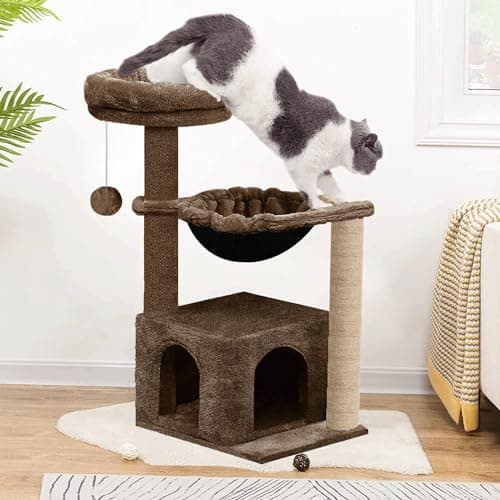 FURRLOVERS Soft Fur Condo Activity Cat Tree - Jute Rope Scratching Post, Hanging Ball, Hammock, Suitable for Small Cats (Condo 16 x 16 Inch) (Height 38 Inch) (Large) (Brown - FURR-71)