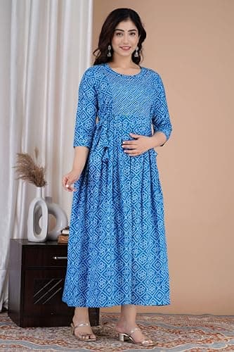 Murli Women's Cotton Floral Printed Maternity Kurti Gown/Feeding Dress A-line Maternity Wear -(Blue-3XL) 5