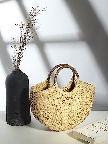 Habere India-All the Cultures Fabricating India Straw Tote, Small Basket, Bamboo Beach Bag for Women, Boho Kauna Handbag, Half Moon - Contemporary, Beige 2