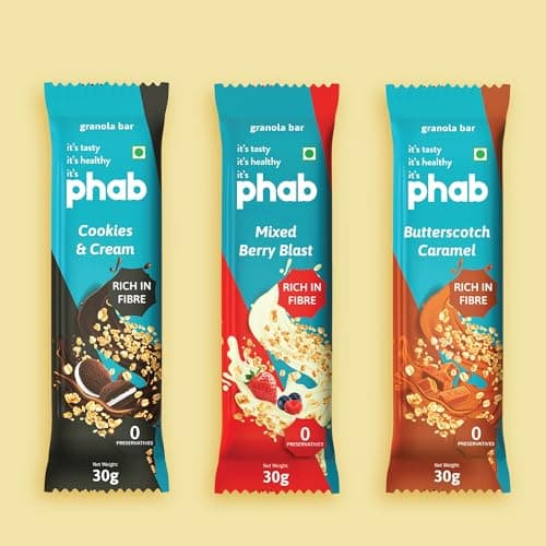 Phab Assorted Granola Snack Bars|Cookies & Cream, Berry, Butterscotch|Healthy Cereal & Breakfast Bar|High Fiber, Gut-Friendly|No Trans Fat|No Preservatives|Source Of Protein|Pack Of 6x 30 Gram) 4