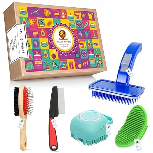 Foodie Puppies 5 in 1 Pet Grooming Festival Gift Box for Dogs & Cats | Combo with Blue Slicker Brush, Flea Comb, Wooden Pin Brush, Silicone Bath Glove & Shampoo Dispenser | All-in-One Grooming Kit