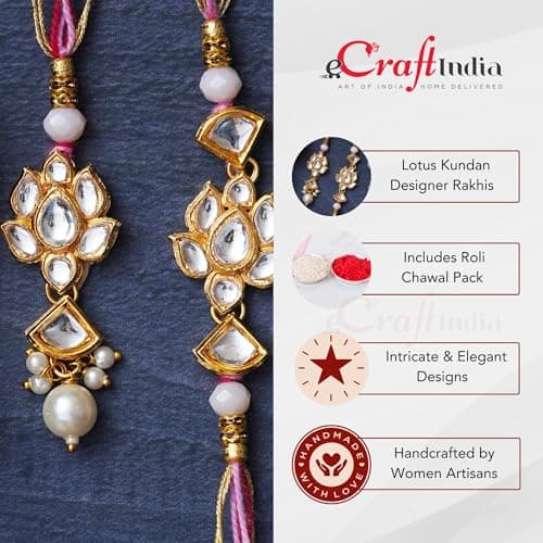 eCraftIndia Set of 2 Lotus Floral Kundan Designer Rakhis, Best Bro Ever Fridge Magnet with Roli Chawal Pack - Rakhis for Brother, Bhabhi, Kids 4