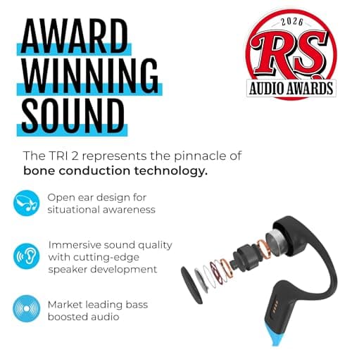 H2O Audio TRI 2 Multi-Sport Waterproof Bone Conduction Open Ear Headphones â€“ Bluetooth-V5.3 for Running/Cycling, MP3 for Swimming - Black & Blue 4