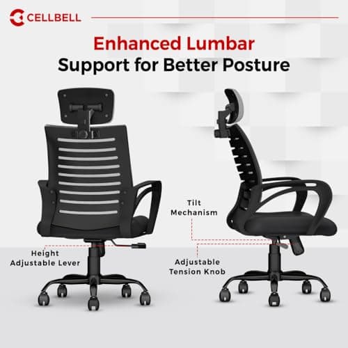 CELLBELL Desire C104 Mesh High Back Ergonomic Office Chair - Adjustable Seat Height, Sturdy Metal Base, Revolving Study & Computer Chair for Work from Home, Grey 3