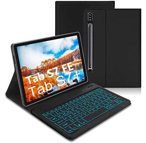 Samsung Galaxy 12.4" Keyboard Case Cover for Tab S7+, S7 FE, S7 Plus 7-Color Backlit Smart Wireless Bluetooth Detachable Magnetic Tablet Keyboard 2021, Book Cover with Pen Holder, Auto Sleep/Wake