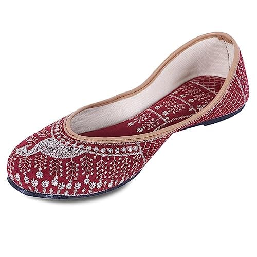 IndieStride Women Ethnic Rajasthani Embroidery Punjabi Mojari's Shoe Juti Jutti’s, Color - Red, UK Size - 9 5