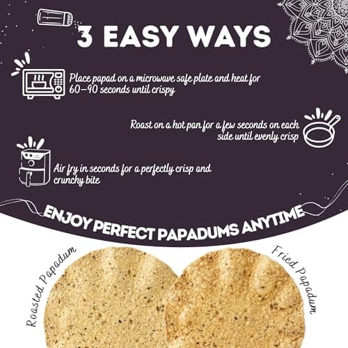 Pride of India Salty Black Bean Papadum – 10 Count (3.5 oz/ 100g) | Namkeen Papad (Lentil Crisps) | Easy to Cook, Light & Crunchy Poppadom Crackers | Gluten-Free, Vegan, Healthy Protein Snack 5