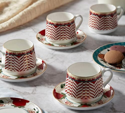 India Circus by Krsnaa Mehta Blushed Orchard Cup and Saucer for Tea & Coffee Set of 4 (4 Cups + 4 Saucers) | Home and Kitchen Dishwasher Safe| Ideal for Gifting Every Celebration | 220 mL Each