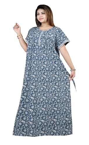 Nighty Maxi Gown for Women Front Zip Open | Pure Cotton Printed Floral Maxi Nighty Zip Style | Full Length Nightgown | Plus Size Loose Fit Summer Nightwear L -4XL (Firozi, 3XL) 3