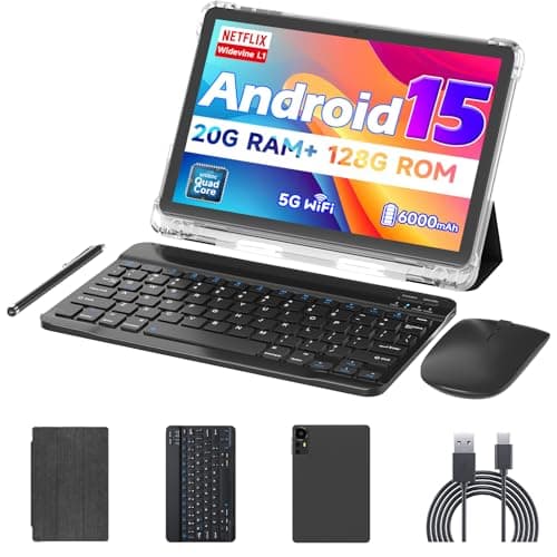 Android 15 10 Inch Tablets, 20GB RAM 128GB ROM 2TB Expandable, 2.0GHz Quad-core Processor, 2 in 1 Tablet with Stylus Mouse Keyboard Case, 5G WiFi6, BT 5.0, 6000mAh, Widevine L1