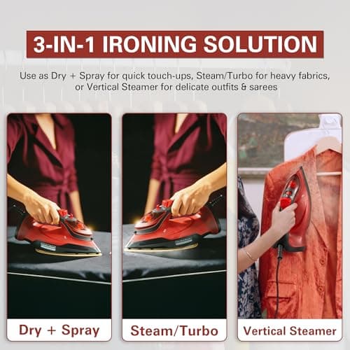 Hamilton Beach Helios 3-in-1 Steam Iron with iSense Tech, (No Burn Guarantee), 5-Year Soleplate Warranty, 120g Turbo Steam, 30g Continous Steam, Steam Iron for Clothes, No Fabric Selector 4