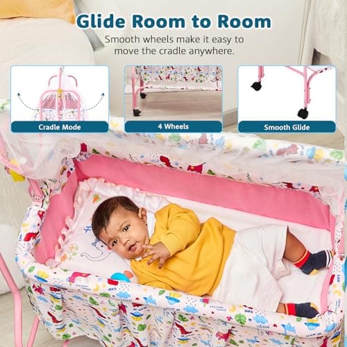 Amazon Brand - Supples Baby Cradle with Swing & Mosquito Net | 0–8 Months | Swing Lock | 4 Wheels with Brake | Soft & Comfortable for Baby Sleep | Sturdy Mild Steel Frame | Pink 4