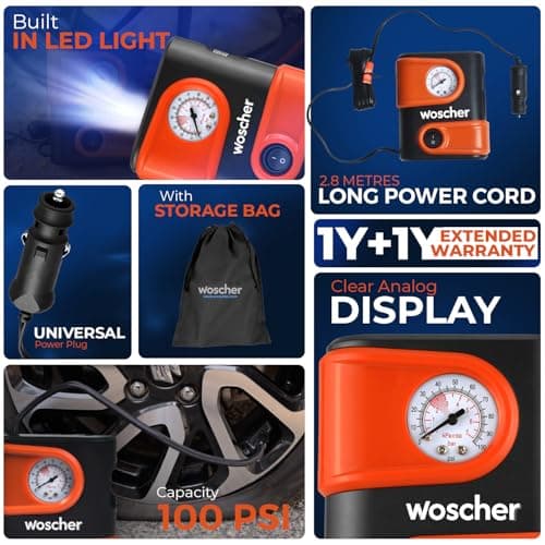 Woscher AirLite Tyre Inflator for Car and Bike, Air Pump for Car Tyre, 110 PSI Car Tyre Inflator Pump, Portable 12V DC Kit with Analog Gauge, LED Light & 2 Year Warranty 2