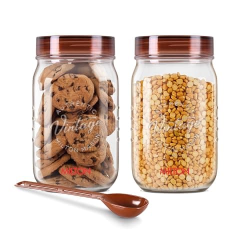 MILTON Vintage Plastic Storage Jar and Container Set, Airtight & BPA Free Containers for Kitchen Storage, Grocery Kitchen Container Stoarge, Multipurpose Transparent Jar, 1000 ML Each, Set of 2