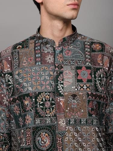 Exotic India Multicolor Thread Embroidered Floral Motifs and Sequins work Georgette Kurta with Cotton Pajama | Ethnic Party Wear Kurta Pajama Combo Set for Men 5