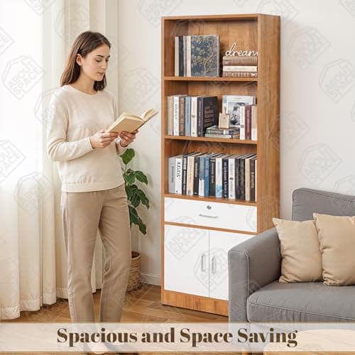 ABOUT SPACE 6 ft Book Shelf - Wooden Book Rack with 3 Open Shelves 1 Lockable Drawer & 1 Closed Cabinet with Magnetic Door Easy to Assemble Display Cabinet for Home (Teak, White-L 57 x B 30 x H 179cm) 4