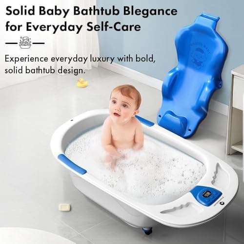 StarAndDaisy Baby Bath Tub for 0 to 5 Years/Bath Tub for Kids 0-3 Years/Infants Bathtub with Temperature Censor & Baby Bath Seat/Sling, Antislip Kids Bath Tub with Bath Chair -White Blue 4