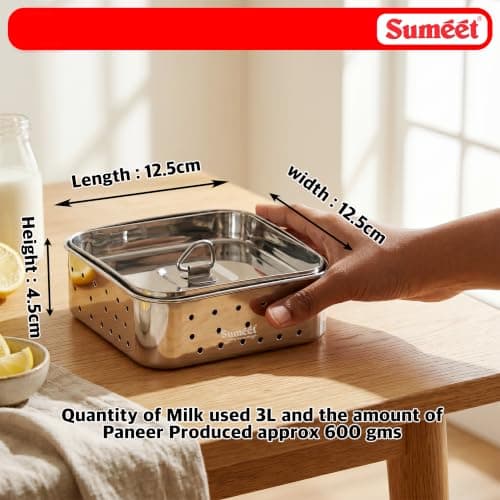 Sumeet Stainless Steel Square Shape Paneer/Tofu/Sprout Maker/Mould/Press, Easy and Perfact for Home Made Healthy Paneer, 12.5cm Dia, 600gms Paneer from, 3 liter Milk, Silver 4