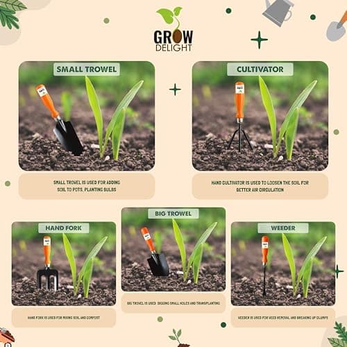 GROW DELIGHT Gardening Tools Kit-10 Pcs (Fork, Cultivator, Big Trowel, Small Trowel, Weeder, Garden Pruner, Garden Scissor, Gardening Gloves Green, Water Spray Gun, Flower Seeds Packet) 2
