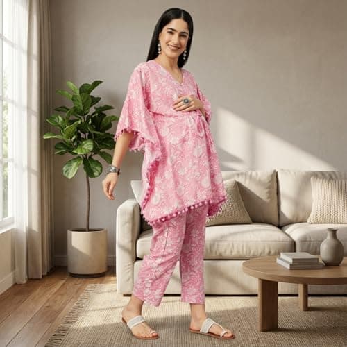 Aaheli Women’s Cotton V-Neck Printed Maternity Kaftan Set with Pant | Soft Nursing Wear | Comfortable Sleepwear for Pregnancy | Baby Pink, M 4
