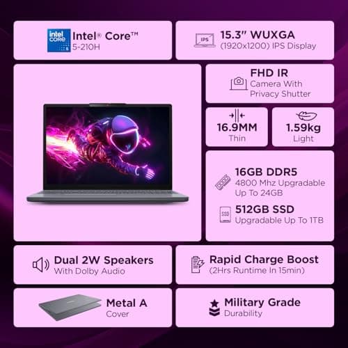 Lenovo IdeaPad Slim 3, Intel Core 5 210H, 16GB RAM, 512GB SSD, WUXGA IPS, 15.3"/38.8cm, Windows 11, Office Home 2024, Grey, 1.6Kg, Backlit Keyboard, 1Yr ADP Free, 83K4004UIN, Laptop 2