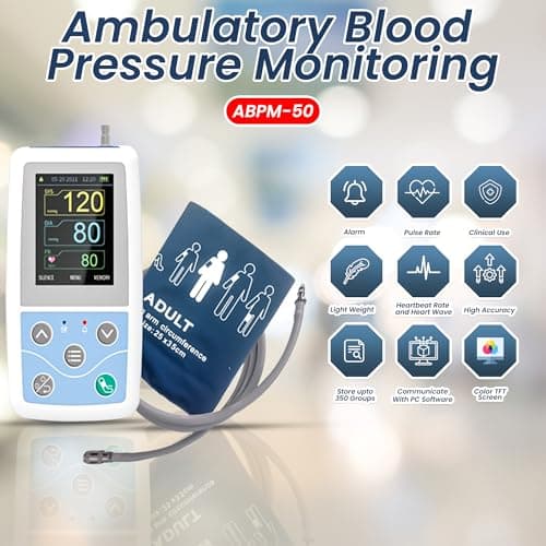 MEDILMA ® CMS Battery Operated Ambulatory Arm Blood Pressure Monitor PM50 with Adult Cuff for BP Monitoring at Home,Hospital,Clinic 24 Hours Portable 2.4 Inch LCD Display,1 Year Warranty,Multicolor 2