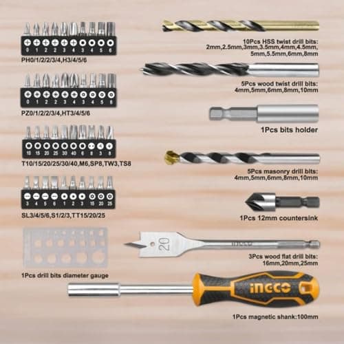 INGCO 67 Pcs Accessories Set Includes Durable Drill Screwdriver Rachet Handle Portable and Compact Kit Box For Drill, Electronics, Machinery 3