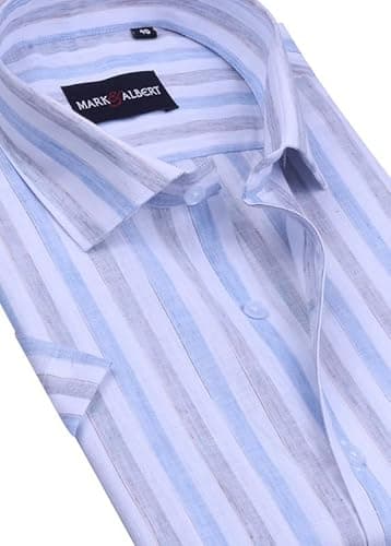 MARK & ALBERT Men's Half Sleeve Cotton Linen Striped Shirt Fawn 4