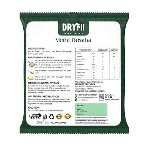 Dryfii Ready-to-Eat Methi Paratha – 5 Pieces (Pack of 1) | Authentic Indian Fenugreek Flatbread | No Preservatives | Quick & Easy Meal | Ideal for Travel, Office, and Home 2