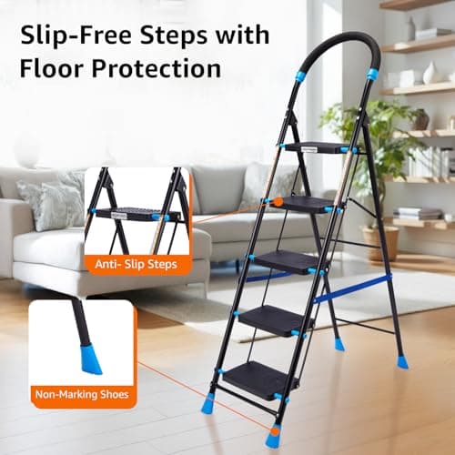 Amazon Basics Curvo-Foldable Step Ladder, Ribbed Steps, Knee Guard, Non-Marring PVC Shoes, 5 Steps (Black & Blue) 3