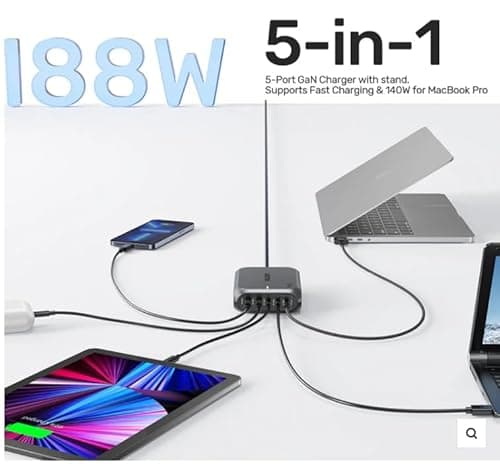 UNITEK 188W PD3.1 Desktop GAN Charging Station 5-Port GAN Charging with Stand Supports Fast Charging & 140W for MacBook PRO 4