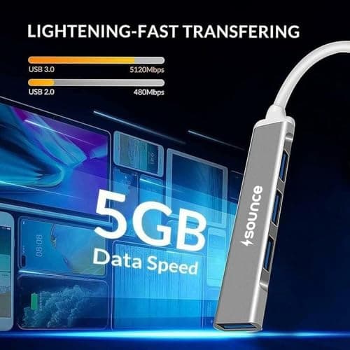 Sounce 4-Port USB 3.0 Hub for PC – High-Speed Aluminum USB Hub Compatible with PC, MacBook, Mac Pro, Mac mini, iMac, Surface Pro, and XPS. 4-Port High Speed USB Hub with Aluminium Shell 5