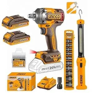 Ingco 1/2" Cordless Impact Wrench Kit, 400 N.m, 2 x 2.0 Ah Batteries, 10-Piece Socket Set, LED Work Light, 10-Piece Screwdriver bit