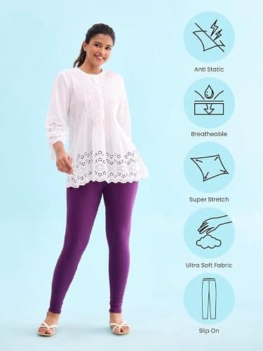 GO COLORS Soft Cotton Stretch Ankle Length Leggings for Women | Breathable, Mid Rise, Medium Purple 3