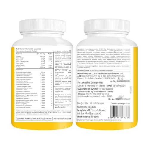 Tata 1mg Probiotics 60B CFU | 20 Probiotic Strains with 150 mg Prebiotic | Gut Health, Digestion & Immunity Support | 60 Vegetarian Capsules | No Refrigeration Needed 2