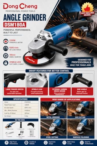 DongCheng Angle Grinder 7" | 2200W | 180mm Wheel Diameter | 8300 RPM | Best For Industrial Heavy Usage | 1 x Pair Of Carbon Brush | 1 x Auxiliary Handle | 1 x Wrench | 1 x Wheel Guard | DSM180A | 3
