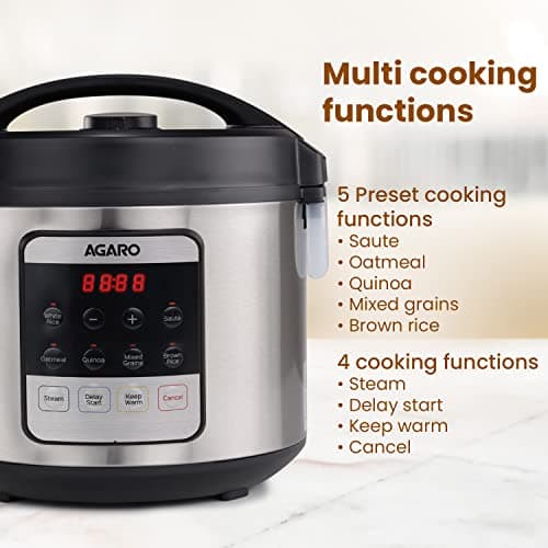 AGARO Royal Electric Rice Cooker, 5 Litre Ceramic Coated Inner Bowl, Steam Basket, 6 Preset Cooking Function With Advanced Fuzzy Logic, Keep Warm Function, 1.5Kgs (approx. 10 cups) raw rice, Silver 3