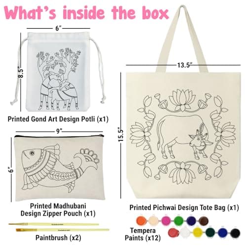 Asian Hobby Crafts Ethnic Art & Craft Painting Kit On Fabric | Learn 3 Traditional Indian Art Forms – Madhubani, Gond & Pichwai Printed | Creative Educational DIY Craft Set for Boys & Girls | Cultural 2
