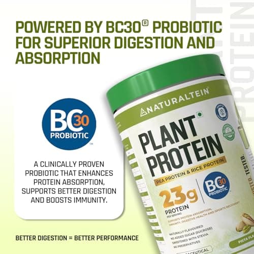 NATURALTEIN Plant Protein | 23g Clean Vegan Protein with BC30 Probiotic | Natural Pista Flavour | Supports Strength, Energy & Gut Health | No Added Sugar, 100% Natural & Easily Digestible 6