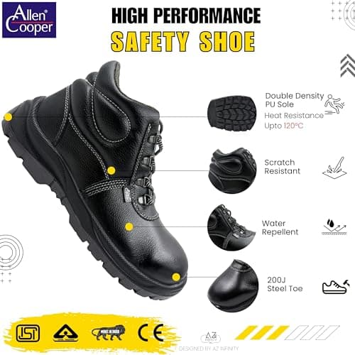 Allen Cooper 1008 Hi-Ankle Men's Safety Shoe, Size-8 UK, Black-Grey (Free Socks) 2